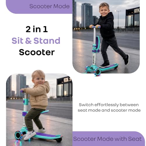 Image of R for Rabbit Road Runner Stellar Duo 2-in-1 Kids Kick Scooter with Foldable & Detachable Ride-On Seat, 4-Level Adjustable Height, LED PU Wheels for Boys & Girls 3+ Years, Up to 75 kg (Green Purple)