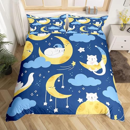 BJCJGGL 掛け布団カバー クイーン 青月猫 布団カバー 全開ファスナー 抗菌防臭 防ダニ 通気性 ポリエステル 布団カバー 210x210 cm + 2 枕カバー 43x63 cm