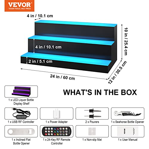 Image of VEVOR LED Lighted Liquor Bottle Display, 3 Tiers 24 Inches, Supports USB, Illuminated Home Bar Shelf with RF Remote & App Control 7 Static Colors 1-4 H Timing, Acrylic Lighting Shelf for 18 Bottles