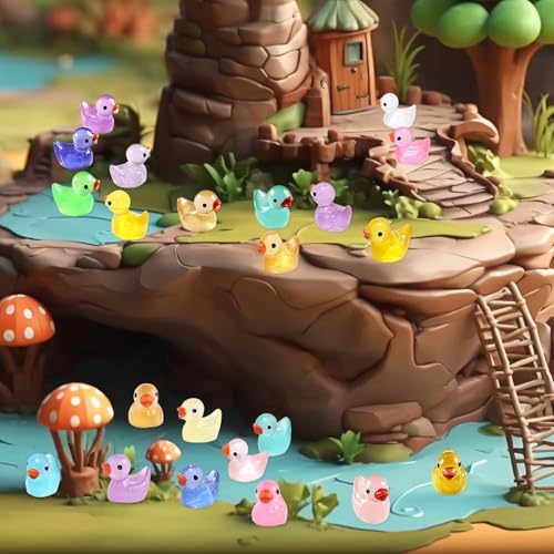 Elektheim 100 Stück Mini Leuchtende Harz Enten, Miniatur Bunte Harz, Kleine Enten zum Basteln für Aquarium Puppenhaus Miniaturgarten Handwerk Topfdekorationen DIY (10 Farben)