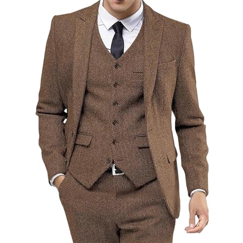 Costume en tweed homme grande taille marron ajusté pour silhouette élégante 4XL