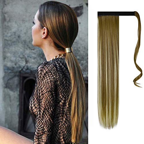 FESHFEN Straight Long Ponytail Extensions 24 Inch Wrap Around Synthetic Hair Piece Magic Paste Pony Tail Hair Extensions Hairpieces for Women Girls