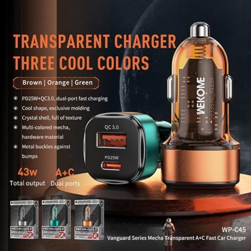 Image of WK LIFE BORN TO LIVE-Car Charger with Transparent A+C Fast Charging, Supporting PD 25W -Orange