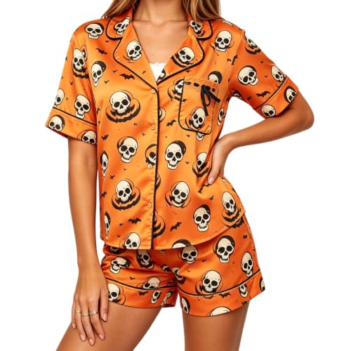 Image of Women Holiday Satin Pajamas Short Sleeve Shirts Shorts Set 2pc Loungewear