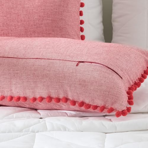 Image of 100% Cotton Pom Pom Cushion Without Filler, Elegant & Modern Cushion Cover for Living Room, Rectangle, 12 inchx20 inch, uni Chambray, Set of 3 - Viva Magenta