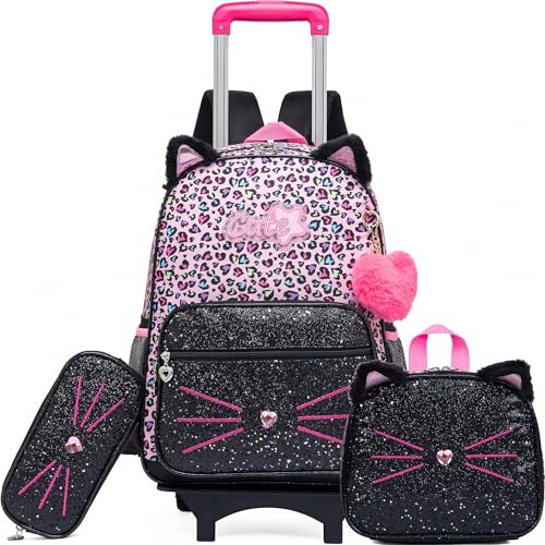 Meetbelify Rolling Backpack for Girls Cute Cat Backpack with Wheels for Elementary Students Kids Black Travel Luggage for Girls Age 6-8