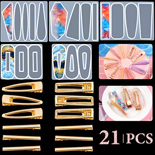 21 Pieces DIY Hair Pin Resin Casting Mold Set, Includes 5 Pieces Hair Clip Mould Strip Silicone Jewelry Molds and 16 Pieces Metal Clip for Hair Pin, Keychain, Bookmark, Pendant