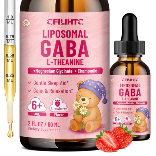 Liposomal GABA L-Theanine Drops for Kids - Liquid GABA Supplement with Magnesium, Chamomile, Lemon Balm & Vitamin B6 - Support Relaxation, Focus & Stress Relief for Kids & Adults - Strawberry Flavor