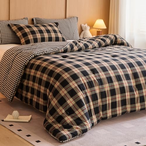 hadamick 100% Cotton Comforter Set King Size – Reversible Yarn-Dyed Checkered Design, Soft Washed Cotton on Both Sides, Lightweight All-Season Bedding, Machine Washable(Black Red Plaid, 104”x90”)