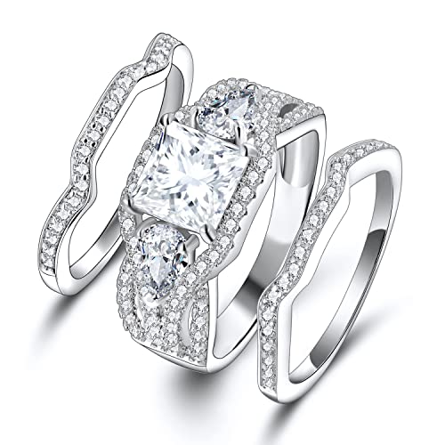 MDFUN Three-In-One Square Wedding Engagement Ring,18K White Gold Plated Cubic Zirconia Promise Eternity Ring Set for Women