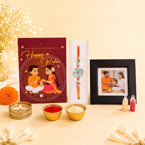 Image of Art Street Rakhi Gift Combo with Magnetic Photo Frame, Designer Rakhi, Roli Chawal, Greeting Card & Diya | Raksha Bandhan Gift Hamper for Brother | Photo Frame Rakhi Combo