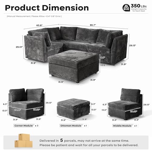 Image of ovios Modular Sectional Sofa Couch with Sofa Bed L-Shape Chaise, Comfy Plush Corduroy Cloud Couches, Modern Luxury Deep Seat Sofas Set for Living Room, 5-Seater, Grey