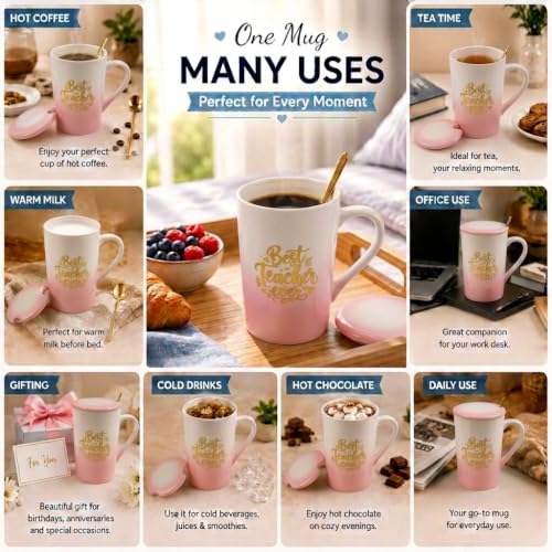 Image of ZAICUS Best Teacher Ever Coffee Mug with Lid & Spoon, Gift for Teachers | Ideal for Coffee, Tea & Daily Use | Perfect Teacher Appreciation Gift | White & Pink Gradient Design