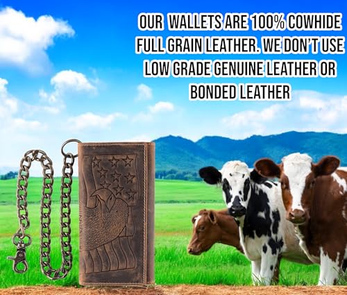 Image of F&L CLASSIC RFID Blocking Mens Tri-fold Long Style Cowhide Leather Steel Chain Wallet,brown eagle /flag,212-101