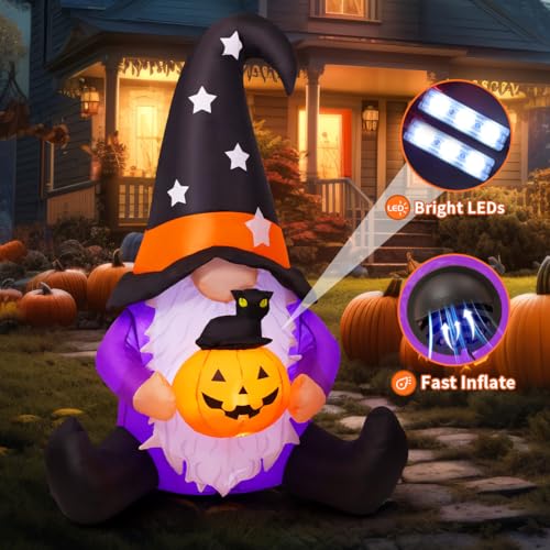Image of GOOSH 5 FT Halloween Gnomes Inflatables Outdoor Decorations, Gnome with Pumpkin Blow Up Yard Decorations Built-in LED Lights for Halloween Outdoor Decoration