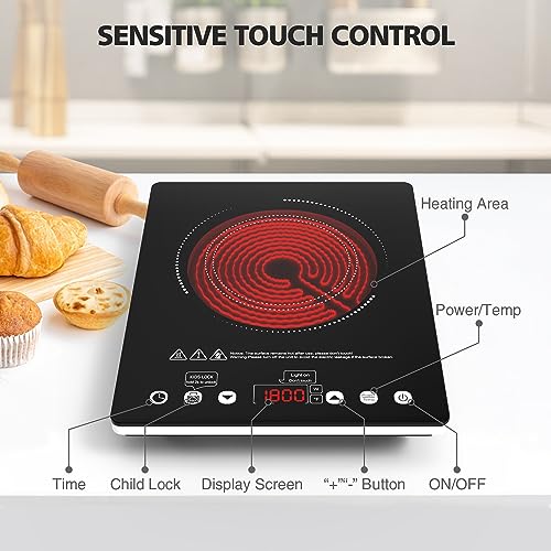 Image of Single Burner Electric Cooktop, 1800W Electric Stove Top Portable, Infrared Hot Plate 110v Plug in Countertop, Child Safety Lock, Timer, 9 Power Level, Compatible for All Cookware, Induction Cookotp