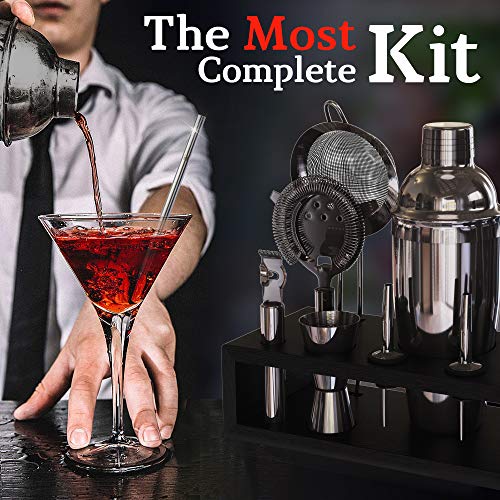 Image of Highball & Chaser Gun Metal Black Plated Bartender Kit with Espresso Bamboo Stand. Beautiful Cobbler Cocktail Shaker Set with Bar Tools Rustproof Stainless Steel Bar Set (Black)