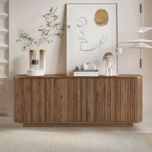 64" Buffet Sideboard Cabinet with Storage, Modern Fluted Accent Credenza with Adjustable Shelves, Wood Coffee Bar Console Table for Living Room Kitchen Dining Room Hallway, 24" H, Walnut - Image 3