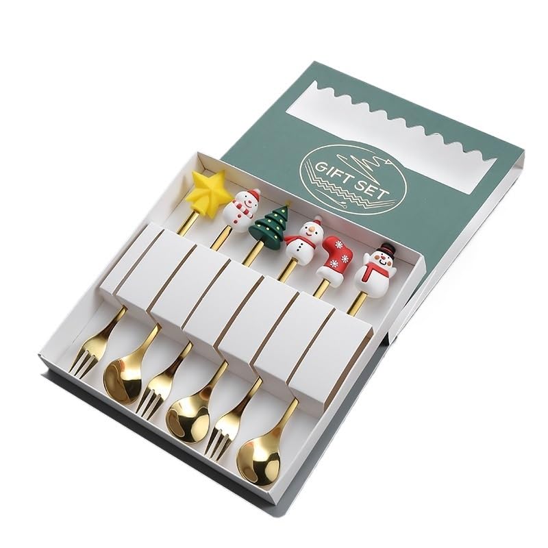Juego De Cubiertos De 6 Piezas con Diseño Navideño Creativo De Acero Inoxidable, Cuchara Y Tenedor De Postre.，Gold-8Set