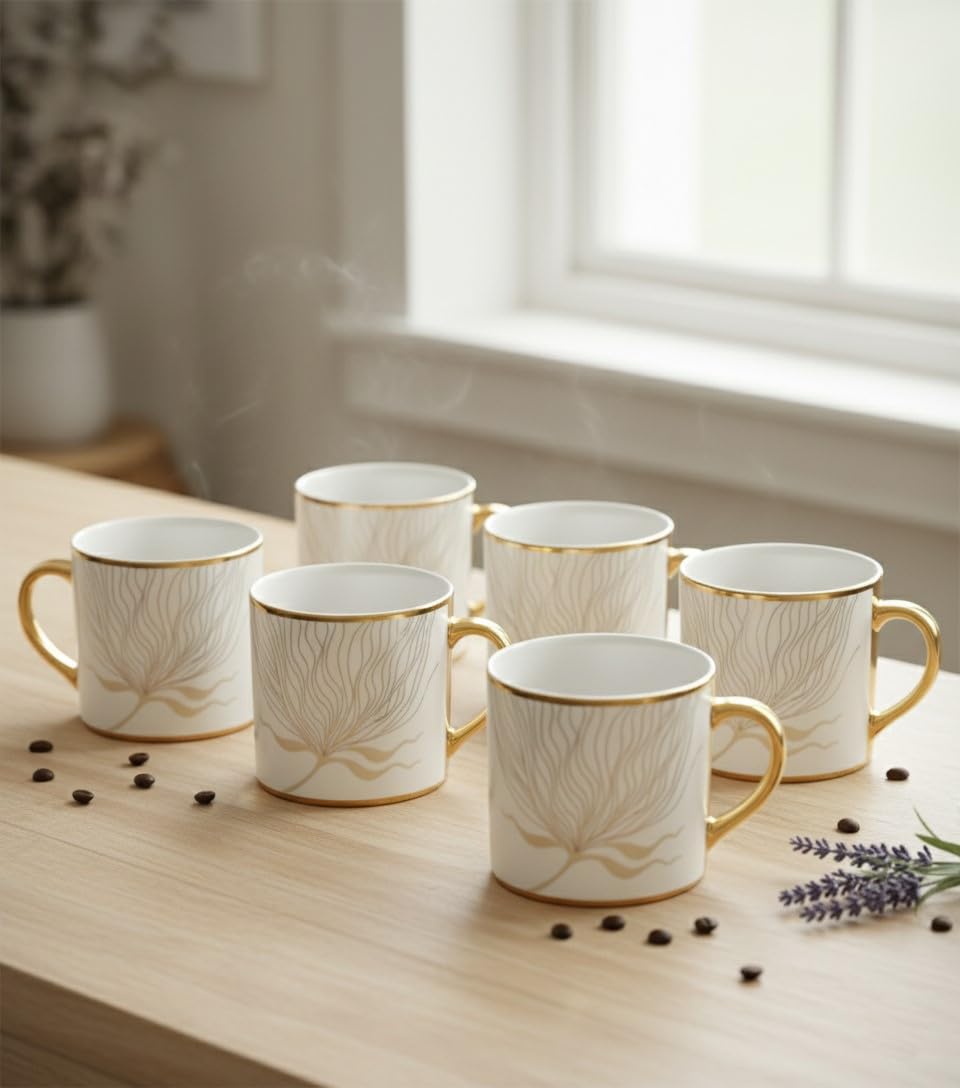 Femora Luxury Gold and White Ceramic Tea Cups | Elegant Tea Cups with Unique Abstract Design and Gold-Plated Handle | Set of 6-image-22