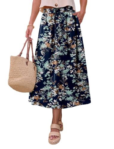 Magritta Women's Print Midi Skirt with Pocket Elastic High Waist 2025 Trendy A-Line Bohe Leopardr Swing Skirts for Women2