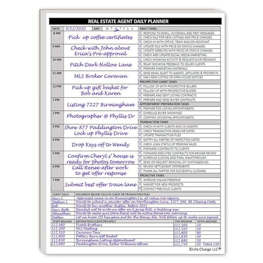 Real Estate Agent Supplies - Daily Planner Task List Notepad. Simple one page document with calendar, task lists, call and mileage log. Keep organized & focused on selling real estate. 8.5 X 11
