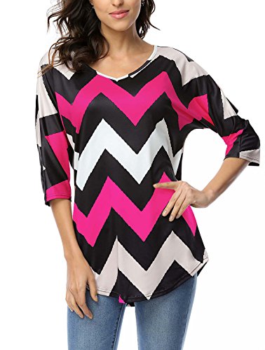 DREAGAL Women's 3/4 Sleeve Zig-Zag Pattern Loose Fit Tunic Tops