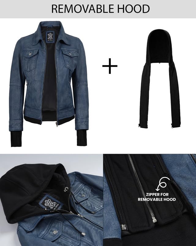 Image of Womens Leather Jacket with Detachable Hood - Real Lambskin Bomber Jacket Thumbholes Women