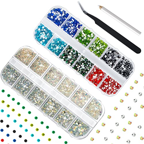 PuppyDoggy 3000 Stücke Flache Rückseite Gems Runder Kristall Strasssteine mit Pick Up Pinzette und Strass Picking Stift für Handwerk Nagel Gesicht Kunst Kleidung Schuhe Taschen DIY (AB + Multi Color) Cover