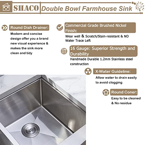 Image of SHACO 33 Inch Stainless Steel Farmhouse Sink, 50 /50 Double Bowl Apron Front Farm Sink for Kitchen, Brushed Nickel