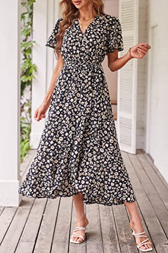 PRETTYGARDEN Women's Summer Floral Boho Maxi Dress Wrap Short Sleeve V Neck Ruffle A-Line Flowy Wedding Guest Long Dresses