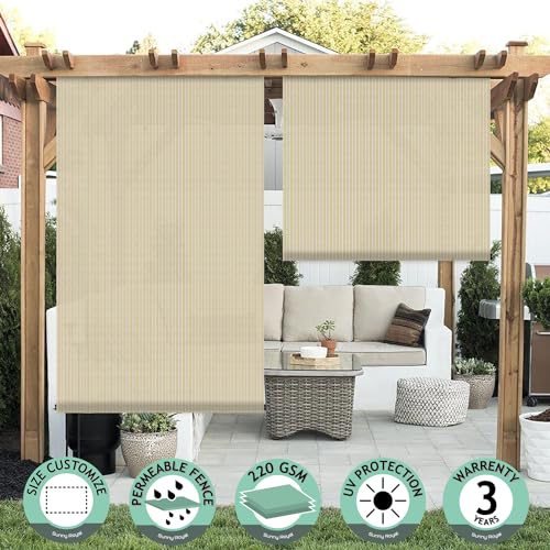 SunnyRoyal Patio Shades Roll Up Outdoor Exterior Roller Shades Roll Up Blinds for Patio Yard Deck Porch Balcony Backyard 6' W X 6' L Beige