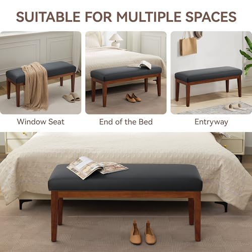 Image of WUTUTUEE 43.5'' Faux Leather Bedroom Bench, Upholstered End of Bed Bench, Padded Vintage Dining Bench, Entryway Bench with Solid Wood Legs, Kitchen, Living Room, Hallway, Black