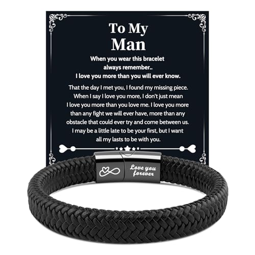 VU100 Gifts for Men Valentines Day Gifts for Him Leather Bracelet for Men To My Man Bracelet I Love You Christams Anniversary Birthday Present for Boyfriend Husband (21.5cm)
