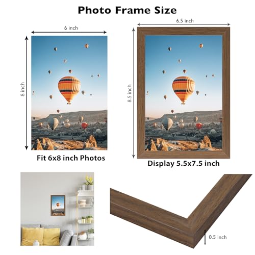 Image of JCJMY 6x8 Picture Frame Brown for Wall Hanging or Tabletop, Wall Mounting Horizontally or Vertically, 6 x 8 Wall Gallery Poster Photo Frame with Shatter Resistant Plexiglass, Brown
