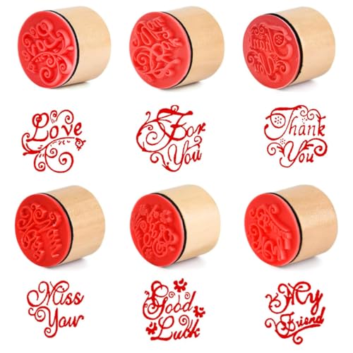 Image of Oytra Wooden Rubber Stamps Set of 6 Round Block Word Stamp for Bullet Journal Scrapbooking Card Making Sentiment Messages Kit Good Luck Miss You Thank You Love My Friend (Word Message Stamp Set)