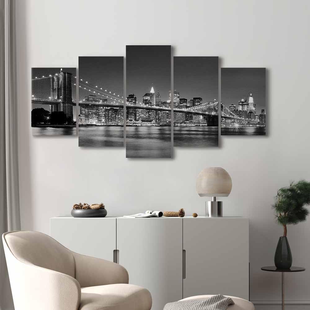 B&D XXL   Tableau décoratif ville 200x100 cm   Impression sur toile colorée   Décoration murale   Architecture violet ville urbain nuit new york panorama rivière gratte ciel d A 0022 b o