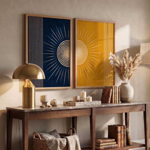 Image of YANVEER Modern Sunburst Abstract Wall Art Painting | Boho Minimalist Sun Art Home Decoration Painting With Frame For Living Room Bedroom Office Wall Decor Size (10X13 inch)