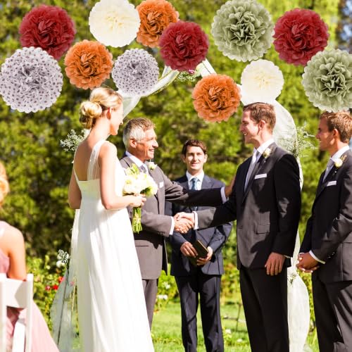 Image of BestoFun 16 PCS Fall Party Decorations Pumpkin Orange Sage Green Tissue Pom Poms Paper Flower Dots for Wedding Decorations Thanksgiving, Baby Shower, Autumn Harvest Party Supplies