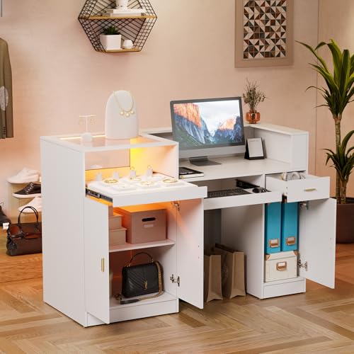 DouxVibe Reception Desk with LED Lights,Modern Retail Counter with Storage Shelves and Glass Display Shelf, Front Table, Salon Desk, Office Table,White(59" L x 23.6" W x 39.4" H)