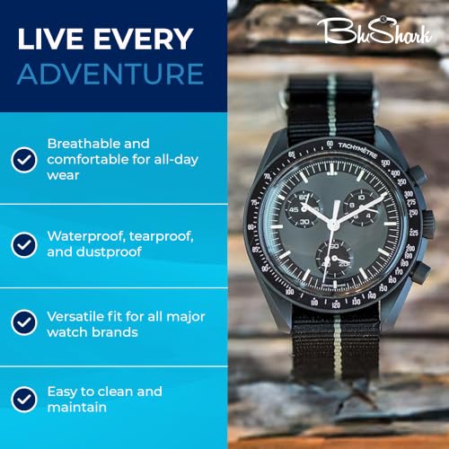 Image of BluShark - Original Collection Military-Style Waterproof Watch Strap, Fits All Timepiece Brands, Durable Nylon Wristwatch Accessories with Stainless Steel Buckle - 18mm, 20mm, 22mm & 24mm Watch Bands