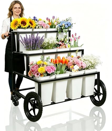 Heavy Duty Flower Cart Display Stand with Large Wheels and Handles, Metal Flower Plant Stand with 12 Buckets, Moving Flower Bouquet Holder for Farmers Market Stand, Flower Bar Supplies for Patio Garden Florist Wedding (Black, L33.4*W31.4*H*40.5in)