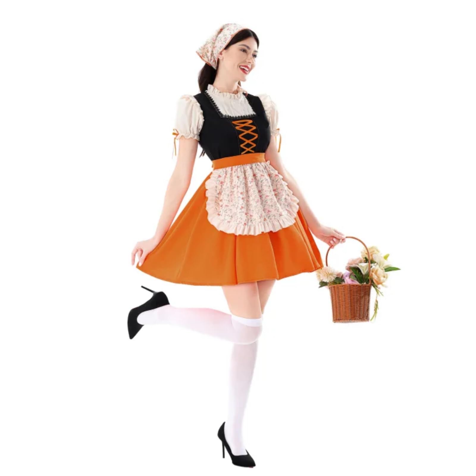 Générique Robe Dirndl Femme Oktoberfest Traditionnelle - Manches Bouffantes, Corset Lacé, Tablier à Volants Fleuri, Costume Bavaroise pour Fête à Thème, Carnaval et Soirée Déguisée