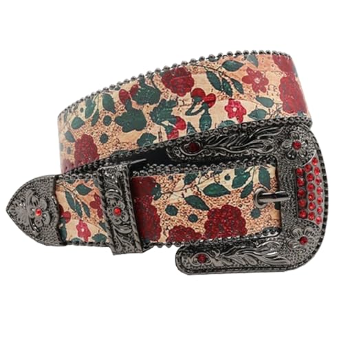 Ceinture motif graffiti fleuri style rétro cowgirl avec clous et boucle strass