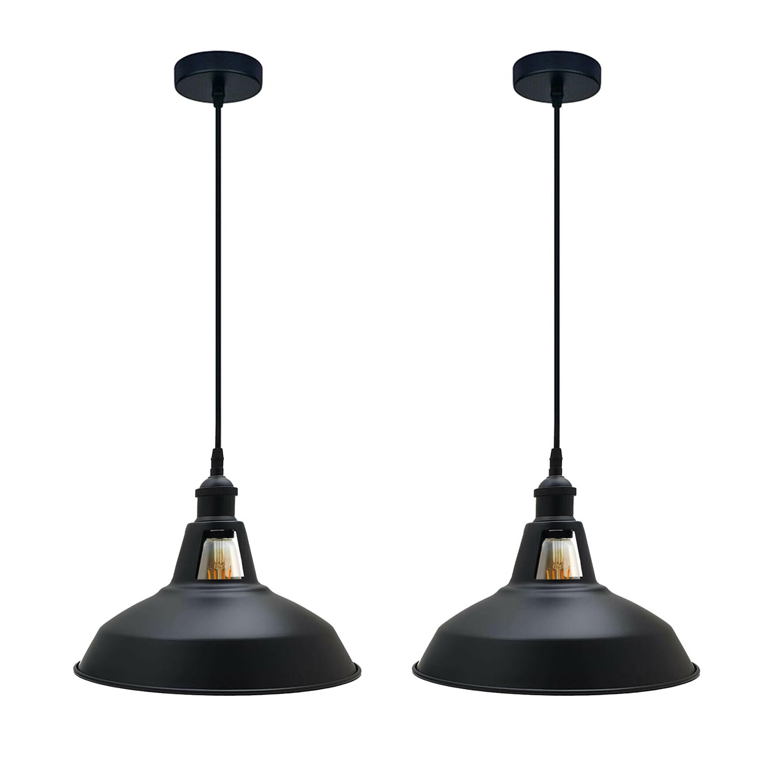 LEDSone Lampa wisząca sufitowa, nowoczesna, wisząca, retro, vintage, industrialna, metalowa, do jadalni, garażu, przedpokoju (czarny + żarówka), 2 szt