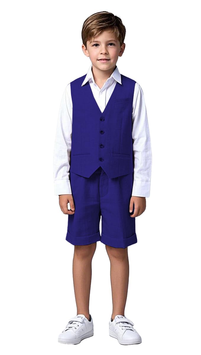 Traje de lino de 2 piezas para niños, chaleco y pantalones cortos, verano, playa, boda, esmoquin, traje formal para portador de anillos, azul real, 10 años