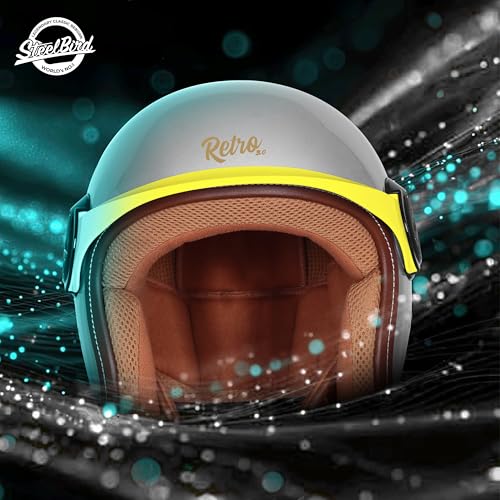 Image of Steelbird SBH 65 Retro 3.0 DOT and ISI Certified Open Face Helmet for Men and Women (Large 600 MM,Glossy Titanium Grey with Yellow Peak)