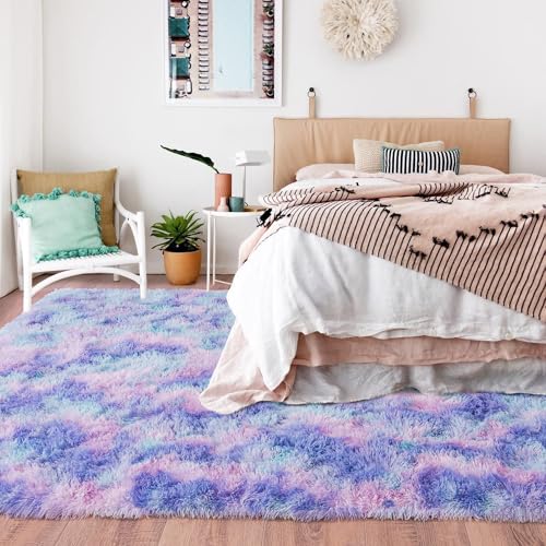 Rugs for Living Room 9x12, Soft Shaggy Modern Large Shag Area Rug for Bedroom, Upgrade Non-Slip Plush Fluffy Carpet for Kids Boys Girls Room Home Decor Aesthetic, Rainbow Purple
