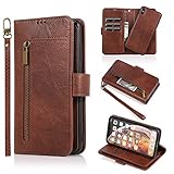 Uposao Kompatibel mit iPhone X/iPhone XS Hülle mit 9 Kartenfächer Schutzhülle Männer Retro Leder Handyhülle Flip Wallet Bookstyle Case Tasche Leder Hülle Klapphülle Magnet,Braun