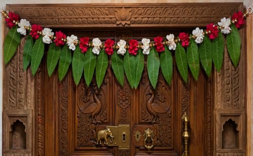 Image of S2S Artificial Mango Leaves Toran with Pink & White Flowers (1 Pcs) (40 Inch Length) | Hanging Toran for Main Door | for Wedding, Diwali, Ganpati, Pooja, Temple & Mandir Decor